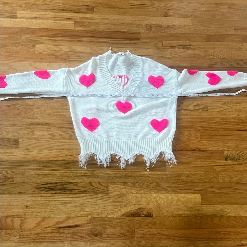 White Sweater with Pink Heart Motif - Women's Distressed V-Neck - Picture 2 of 4